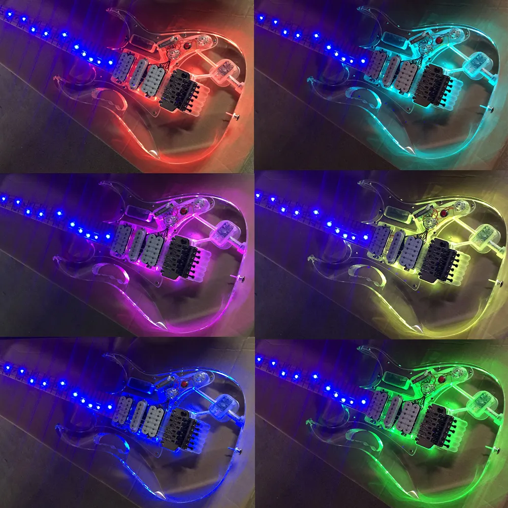 Guitare électrique acrylique personnalisée en usine avec lumière LED 7 couleurs, pont Floyd Rose, matériel chromé, touche en érable, peut être personnalisée