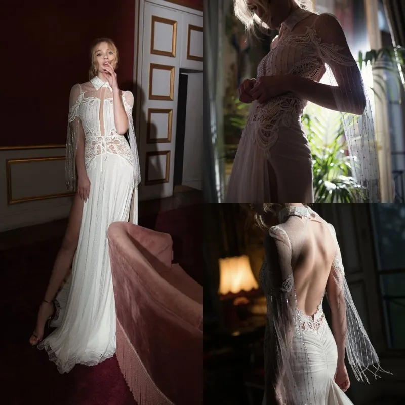 INBAL DROR 2019 Mermaid Trouwjurken Kant Kralen Split Backless Bruidsjurken Custom Chapel Country Robe de Mariée