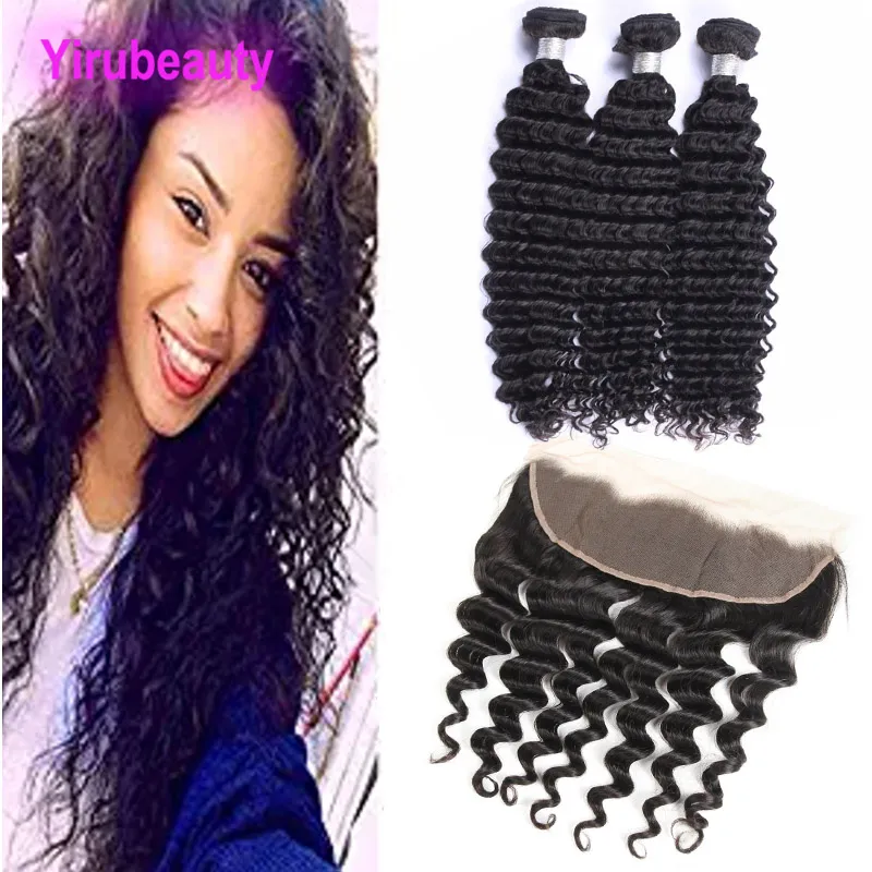 Cabelo humano da malaio Ear a orelha renda frontal com três pacotes de onda profunda 13x4 frontals de renda pacotes de cor natural