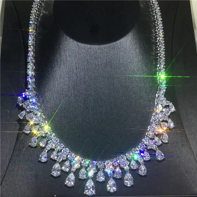 Vecalon Deslumbrante Gota de Água Colar Completo Diamantes CZ Branco Gold Cheio Partido Colar Para As Mulheres Nupcial Acessório De Casamento Jóias