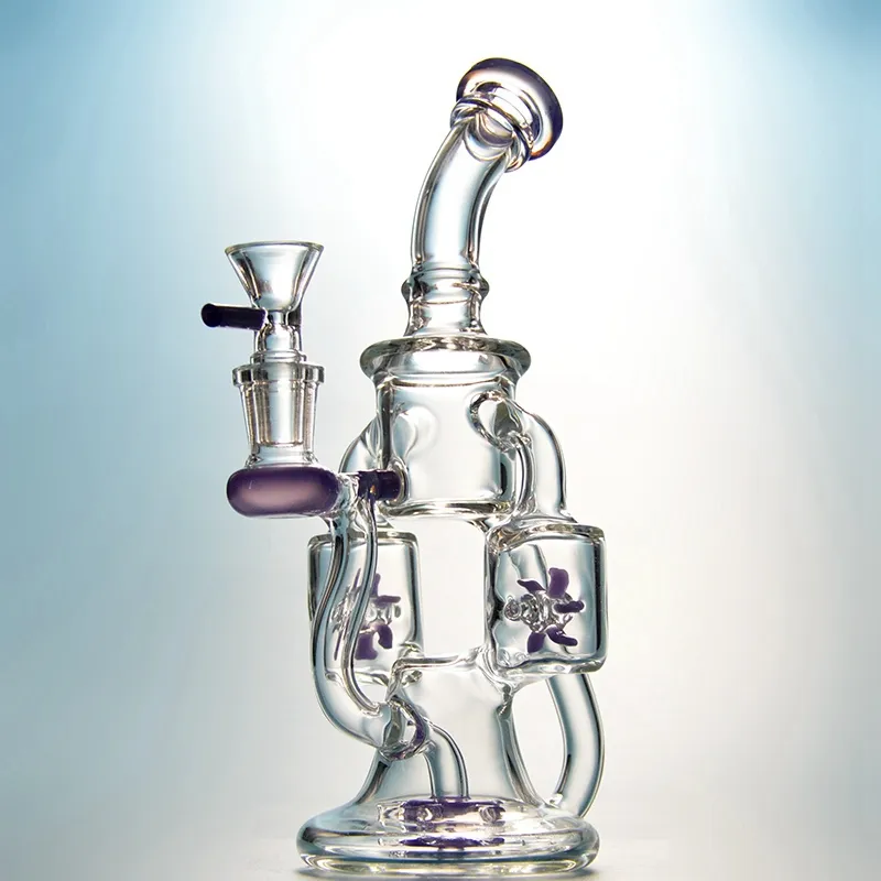 8 Inch Double Recycler Glass Bong Propeller Spinning Percolater Water Pipe Purple Green Windmill Perc Wax Dab Rig With Glass Bowl XL167