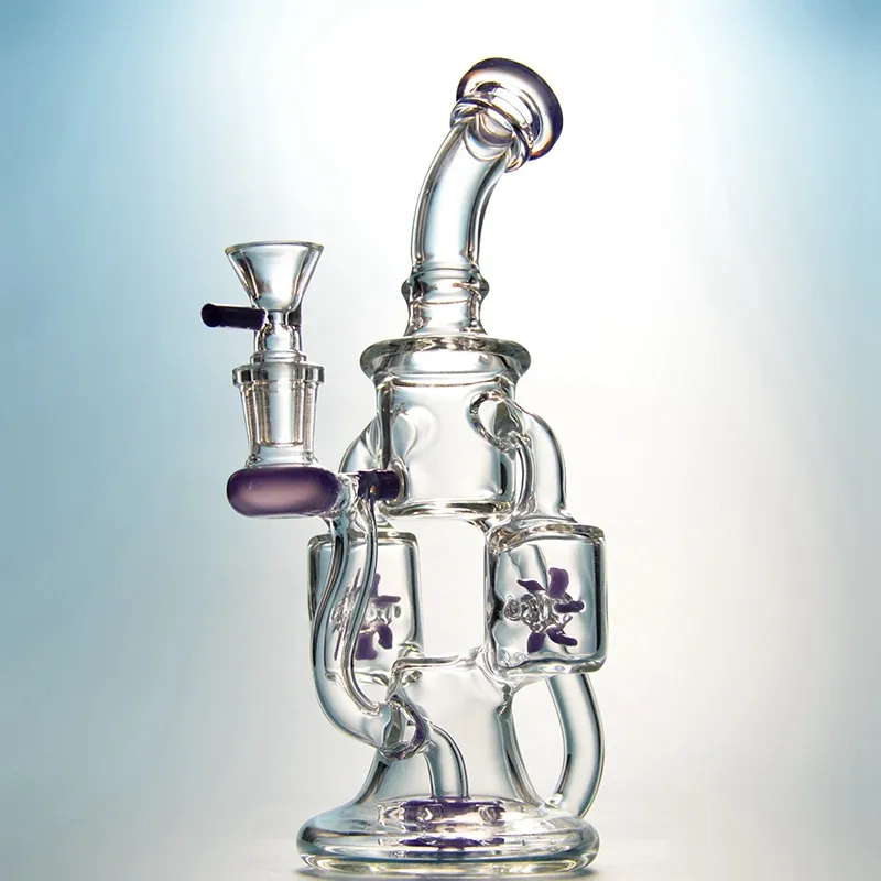 8 Pouces Double Recycleur Bong En Verre Hélice Spinning Percolater Conduite D'eau Violet Vert Moulin À Vent Perc Cire Dab Rig Avec Bol En Verre XL167