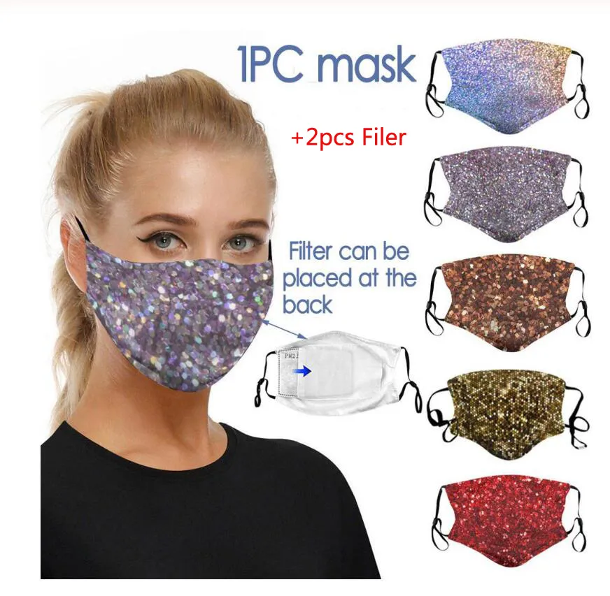 3D Printing Sequin Face Mask Earloop Protective Masks Summer Sunscreen Mask Anti Dust Mouth Cover Fashion Designer Mask With 2 Filters