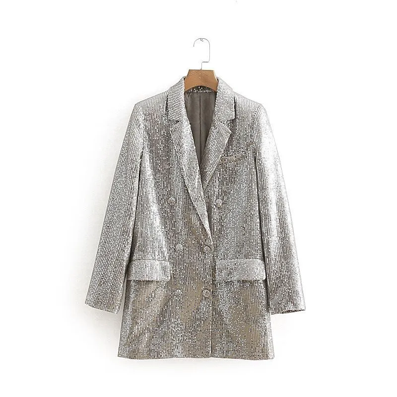 2019 Spring Suit Collar Jacket Långärmade Double-Breasted Suit Rak Tube Solid Färg Medium-Long Sequined Women's Blazers