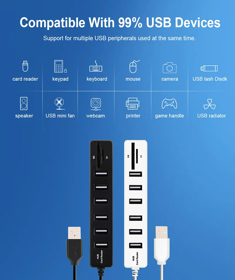 Hub3.0 USB2.0 Hub متعدد USB الفاصل HUB2.0 HAB SD TF قارئ بطاقة متعددة لاستخدام الكمبيوتر المحمول الكمبيوتر