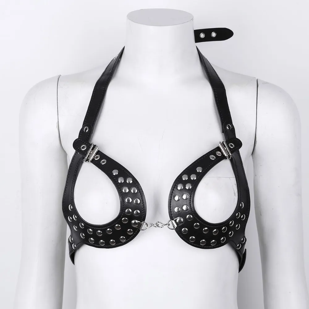 Reggiseno senza coppe in pelle da donna sexy Lingerie Reggiseno con imbracatura per il petto Bondage Punk Gothic Flirting Costume Halter Nightclub Abbigliamento