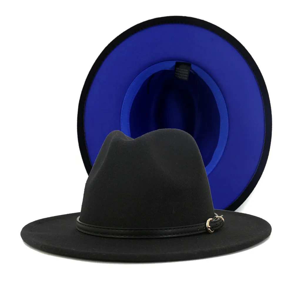 2020 أزياء النساء الرجال المرقعة الصوف الاصطناعي فيلت فيدورا القبعات مع حزام مشبك على الوجهين اللون شقة بريم جاز بنما قبعة