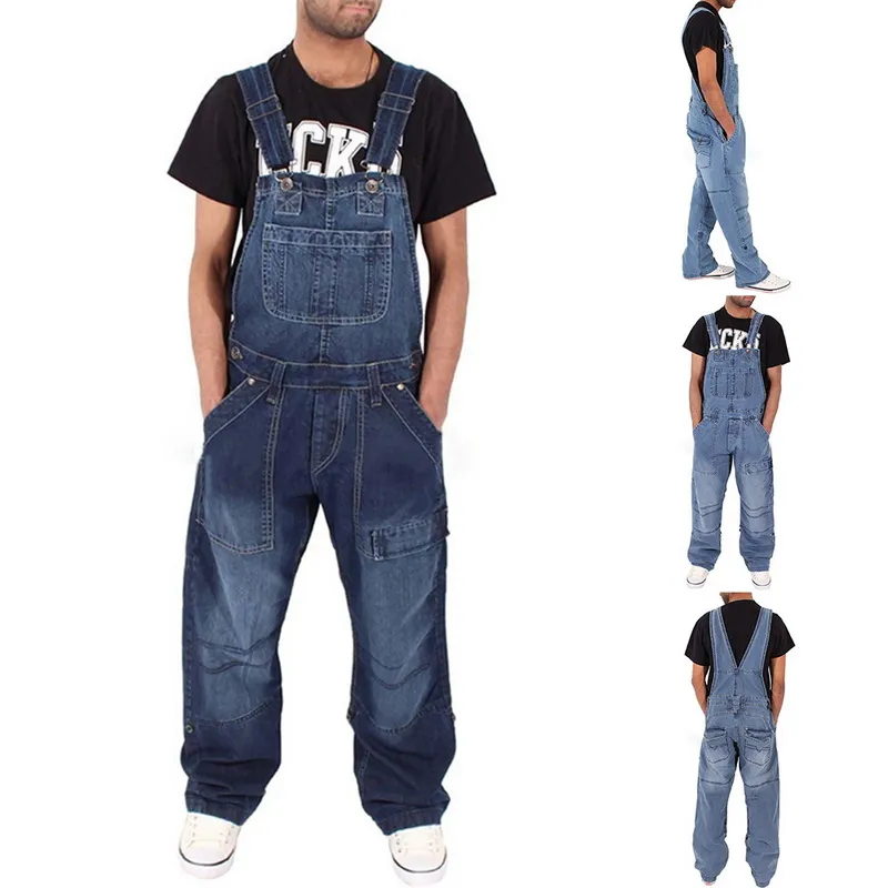 Mode Man Casual Losse Pocket Jeans Overalls Comfortabele Denim Jumpsuits Bib Broek Baggy Jean Mans Blauw Broek