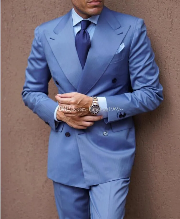 Popular Double-Breasted Light Blue Groom Tuxedos Peak Lapel Groomsmen Mens Suits Wedding/Prom/Dinner Blazer (Jacket+Pants+Tie) K296