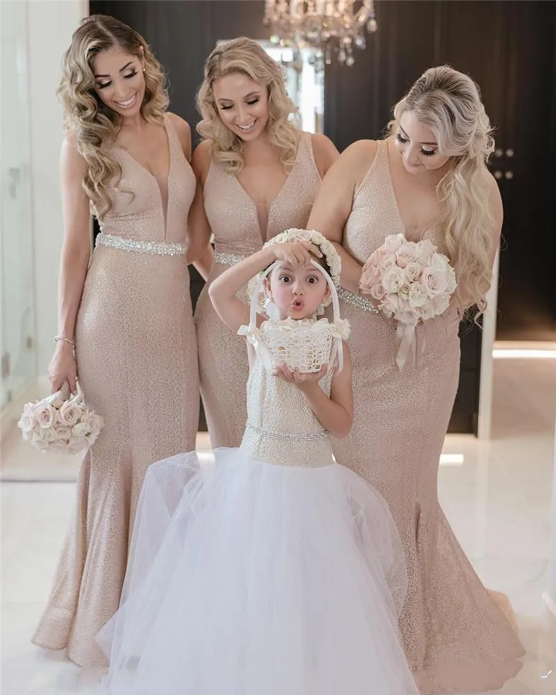Sparkly Sequined Mermaid Bridesmaid Dresses Deep V Neck Sash Beaded Sleeveless Wedding Party Gowns Gold Champagne