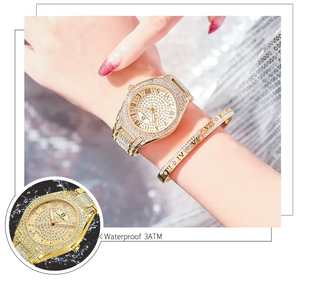 Nowa moda Longbo Top luksusowy bransoletka z noryzanta Watch Kobiet Diamond Fashion Ladies Rose Gold Sukienka zegarek ze stali nierdzewnej kryształowy zegarek