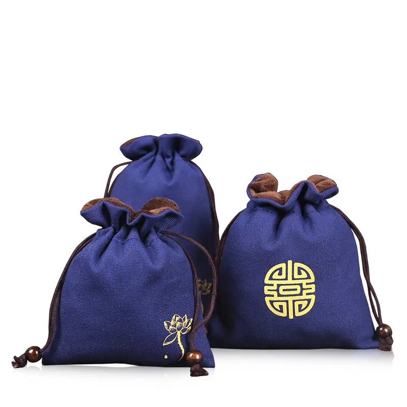 Lång tjockna kinesisk stil blå tyg påse velvet smycken påse rese drawstring lagringsäck linnepåsar 1pcs