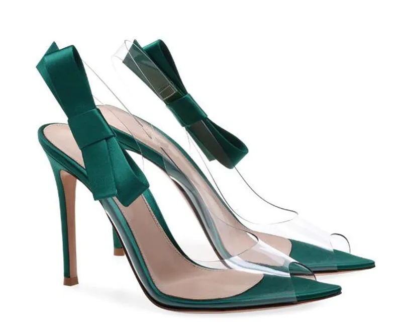 تصميم جديد للنساء أزياء مفتوحة القدمين المدببة PVC Stiletto قطع الشفافة Bowtie High Heel Sandals أحذية اللباس