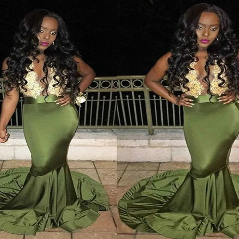 Olive Mermaid Prom Dresses nigerian Long Top Gold Applique Sheer Sexy transparent Back Formal Summer Evening Gown With train engagement 2018