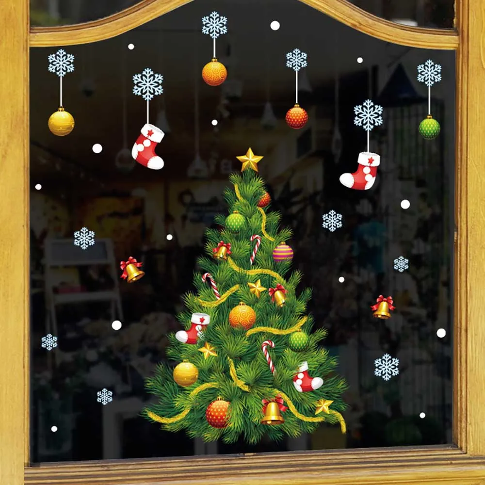 Vitrine de árvore de neve de Natal de vidro é colado porta dos desenhos animados adesivos de parede Post
