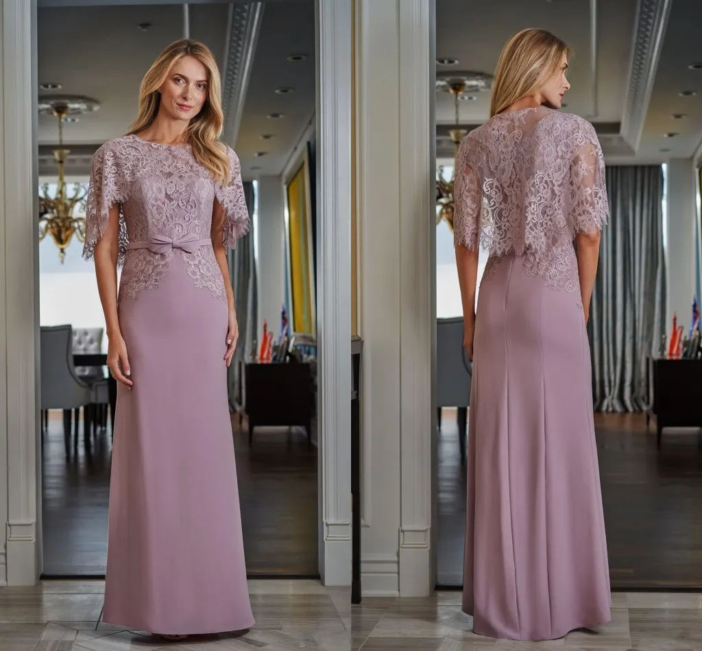 2020 Damen-Designer-Kleider für die Mutter des Bräutigams in Lavendel mit Spitzen-Bolero-Schleifenband, Kleid für die Brautmutter, formelle Abendkleider, Jacken