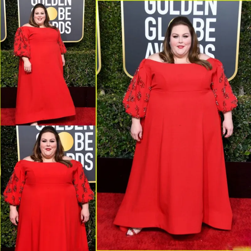 Super Plus Size Sukienki Wieczorowe Red Off Ramię Zroszony Długie Rękawy Prom Sukienka Satyna Długość Piętra Runway Moda Kobiety Formalne Party Suknie