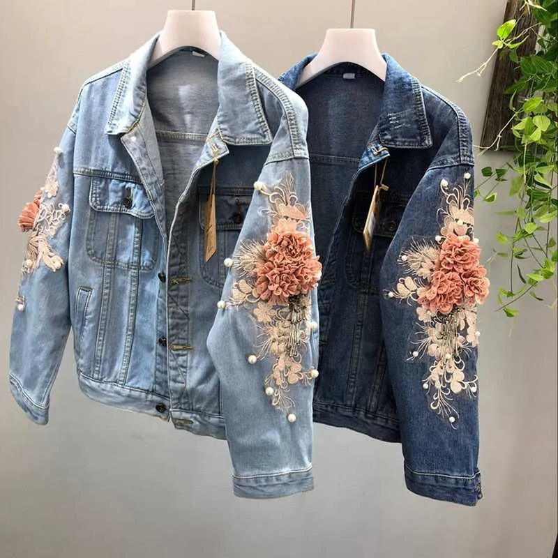 Mode- Ny höst 3D Blomma jeansjacka Dammode Broderi Cowboy Jean Jackor Kvinnlig Kort jeansjacka Flickor Ytterkläder