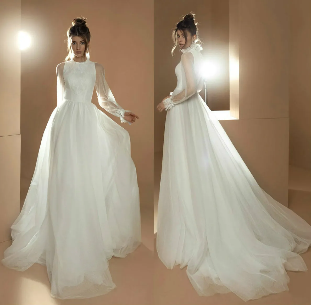 Billiga Bröllopsklänningar High-neck Långärmad Tulle Lace Dot Applique Bröllop Gown Illusion Sweep Train Custom Made Vestidos de Novia Hot Sell