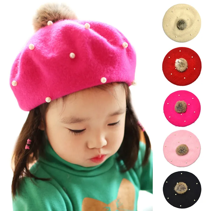 Barn Pompoms Beret Hat Solid Color Pearl Cap Girls Winter Wool Painter Hats i 3-6 år barn beanie tillbehör