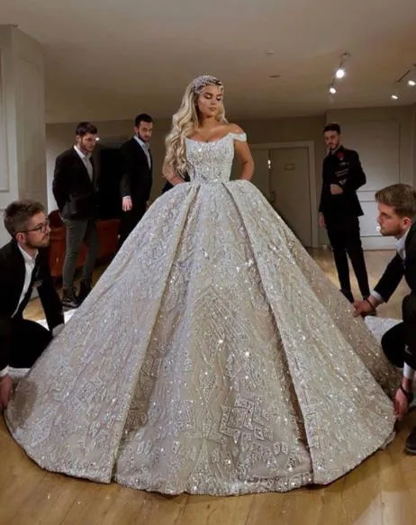 Crystal Ball Gown Wedding Dresses Off Shoulder Bridal Gowns with Rhinestones
