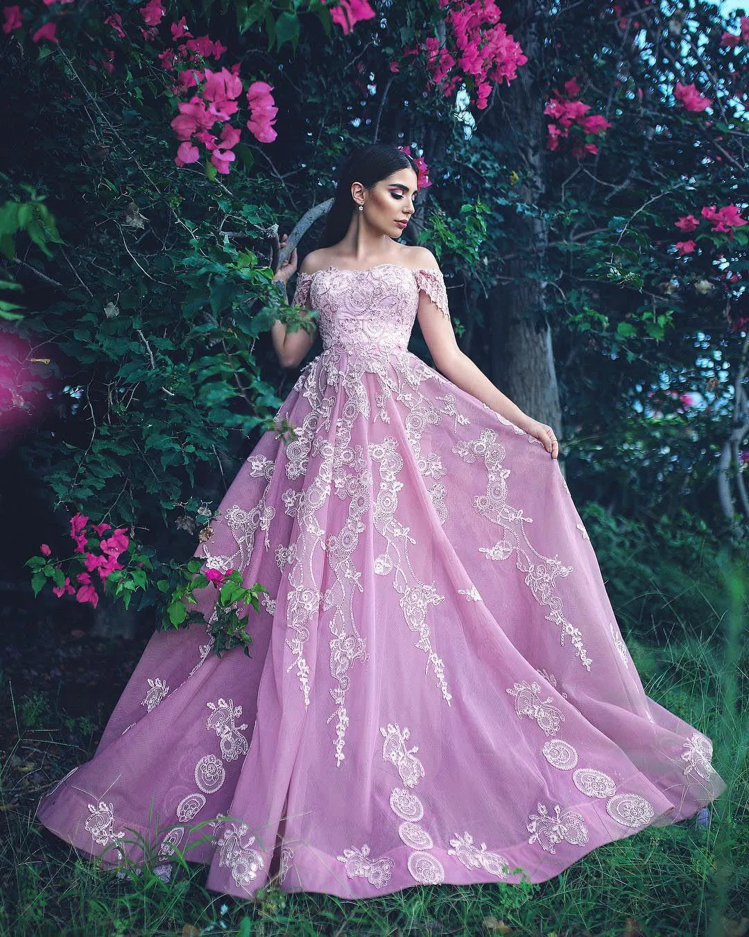 Pink Graden Sexy A Line Prom 2019 Off Shoulder Lace Applique Dresses Evening Wear Special OCN 드레스 vestidos de fiesta pplique