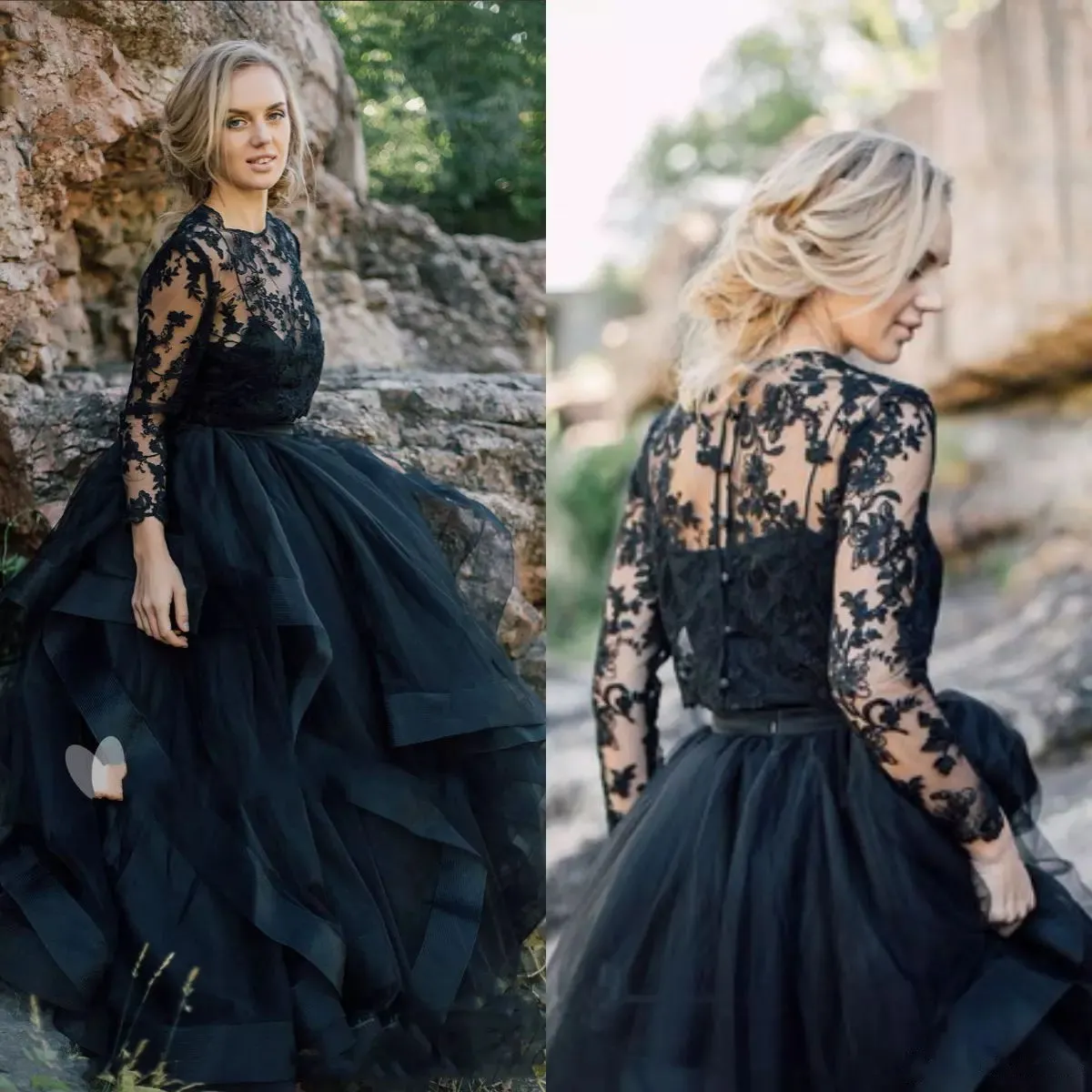 2019 Land Svart Bröllopsklänningar Med Långärmad Bolero Jacka Spaghetti Straps Tiered Puffry Kjol Spets och Tulle Gothic Bridal Gowns