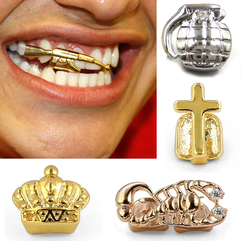 18k Gold dentes únicos Grillz Brace Punk Hip Hop Crown Cross Gun Boca dentária Vampira Fang Grills Cospura de dente Costume Festume Rapper Body Jewelry Gifts