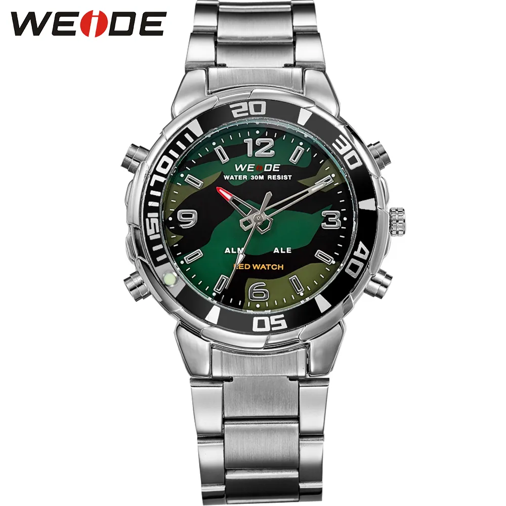 Weide Mens Sports Army Stopwatch Steel Strap Quartz Militär LED Larm Lysande analoga digitala armbandsur Relogios Masculino