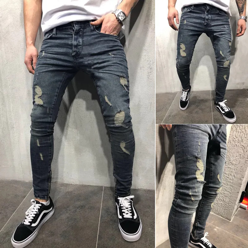 Mens Cool Skinny Jeans Hole Leg Opening Zipped Worn Out Slim Fit Plus Size All Season Urban Wind Biker Pants