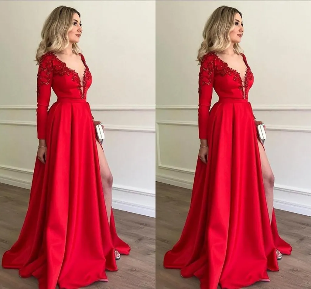 High Red Sexy Side Split Satin Applique Deep V Neck Prom Dresses Long Sleeves Floor Length Formal Evening Dress