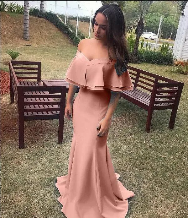 Pink Mermaid Prom Dress Long Elegant V Neck Off Shoulder Gown For Party Ruffles Ladies Evening Dresses Vestido De Graduacion 2019