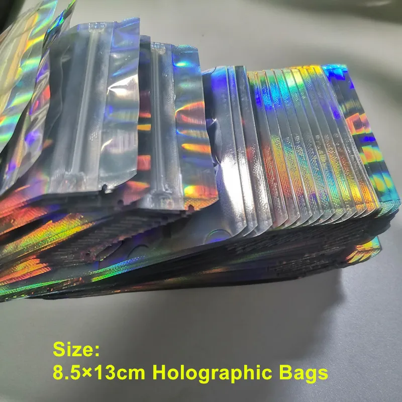 New Arrival 8.5x 13cm PET Holographic bag Accessories Storage Color Flat Zip bagg Laser Mylar bags Pouch Reusable Aluminum Foil Food Safe package