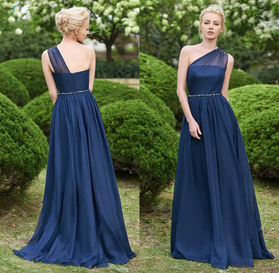 Robe demoiselle d'honneur One Shoulder Navy Blue Bridemaid Dresses Long Beaded Prom Dresses Wedding Party Gowns