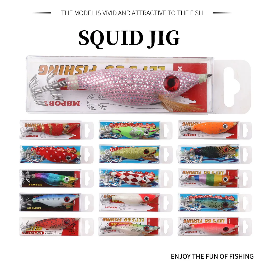 100 sztuk / partia Fishing Lure Squid Przynęty Wood Shrimp Bait Wobler Luminous Squid Hook Light Jigs do wędkarskiego