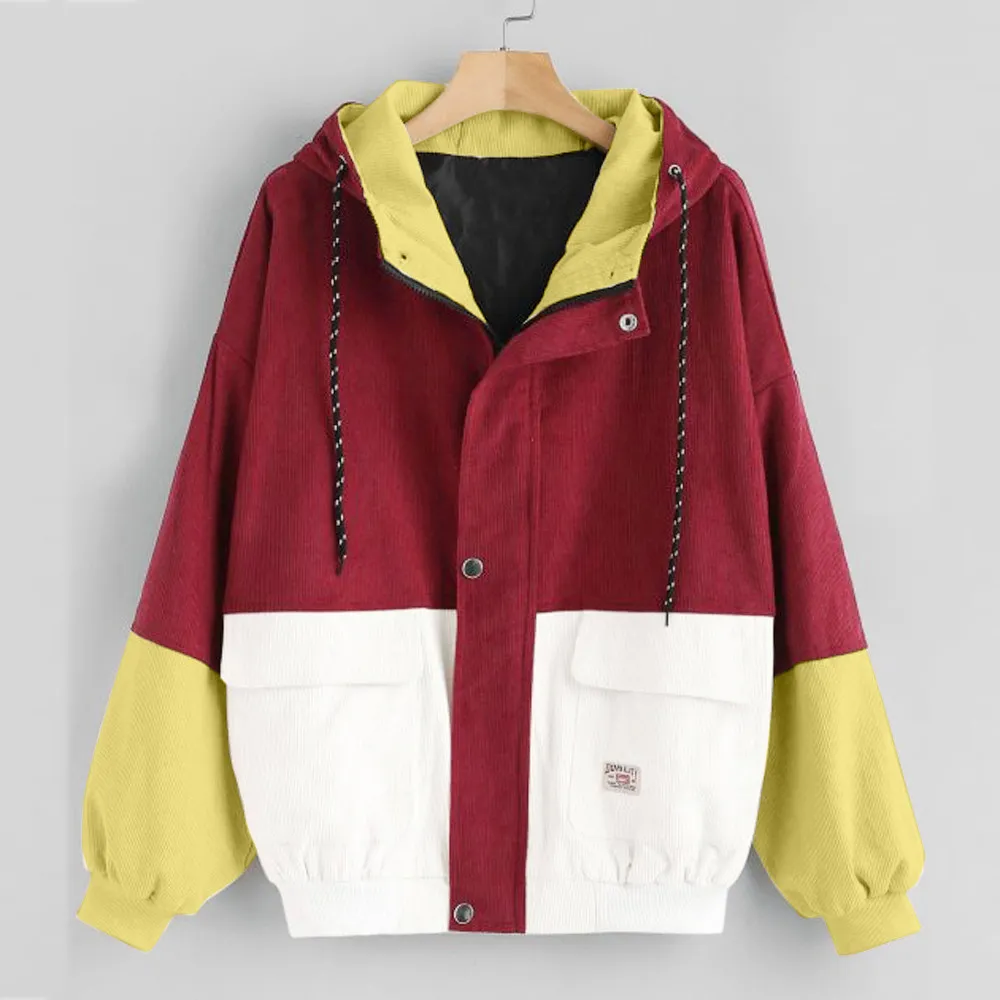 Women long sleeve corduroy patchwork oversize jacket windbreaker coat overcoat sale