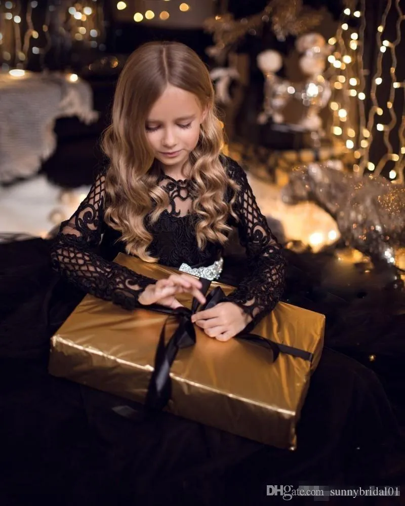 Robes de filles de fleurs noires pour mariage dentelle à manches longues cristaux filles Pageant enfants robe de fête d'anniversaire vêtements de cérémonie robes de remise des diplômes