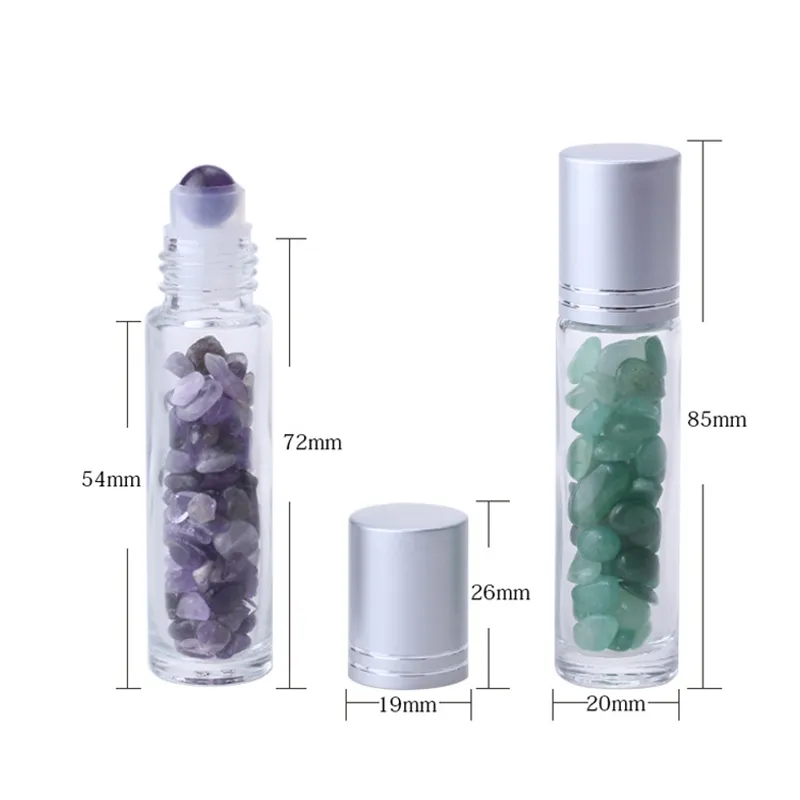 10ML Natural Gemstone  Oil Roller Ball Bottles Clear Perfumes Oil Liquids Roll On Bottles With Crystal Chips 