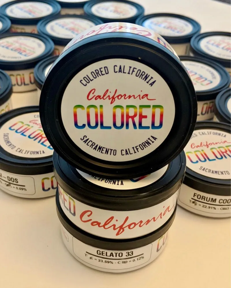 6 typer färgade Kaliforniens etikettklistermärken för förseglade pressburkstuna burkar 73x23mm 3.5 gram cali tincans