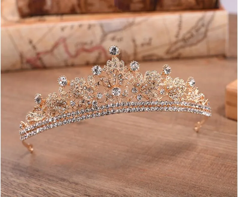 Gold Bridal Tiara Headband with Crystal Rhinestone and Rose  display picture 1