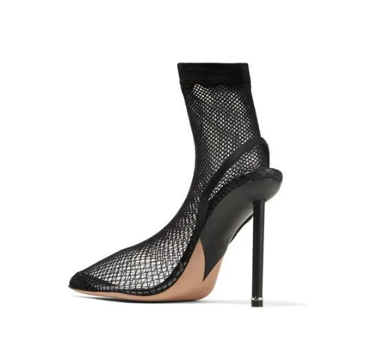 Venda quente-Mulheres Sexy Preto Dedo Apontado Stiletto Calcanhar Slip On Elastic Fishnet Meias Botas Curtas Estiramento Malha Caden Saltos de PVC botas