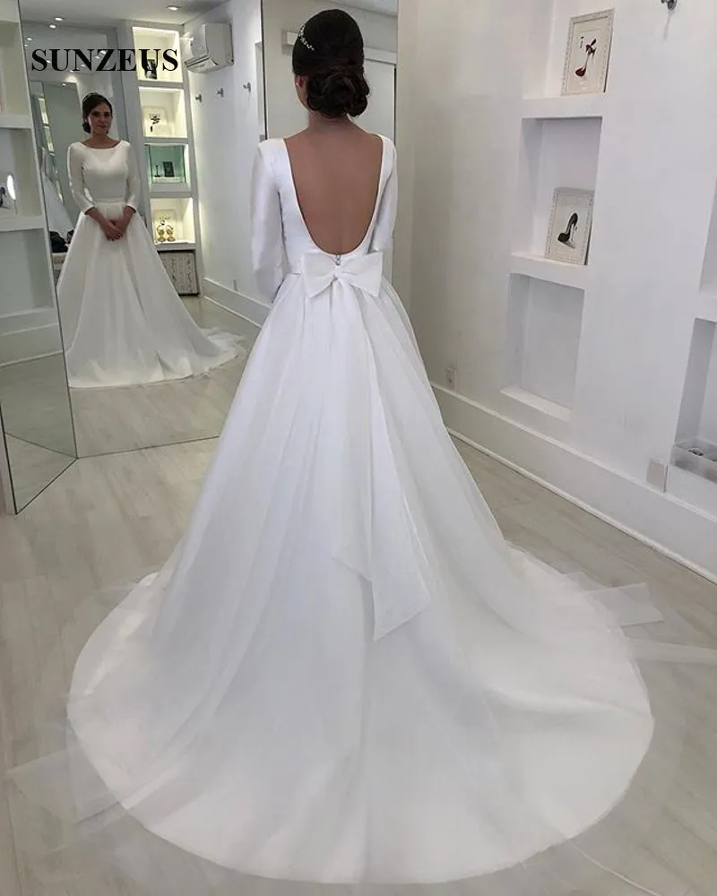 Vestidos De Novia De Satén De Manga Larga, Vestidos De Novia Con
