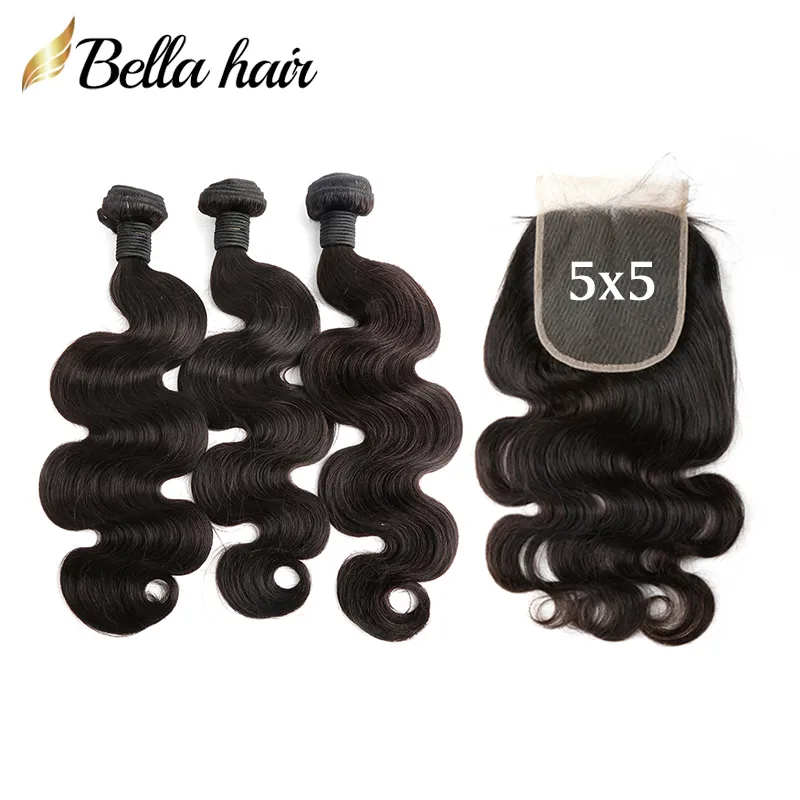 Bella Hair Peruvian Body Wave Hair Bundles 5x5 Closure 10-34inch Brazilian Natural Black Virgin Weaves with LaceClosure