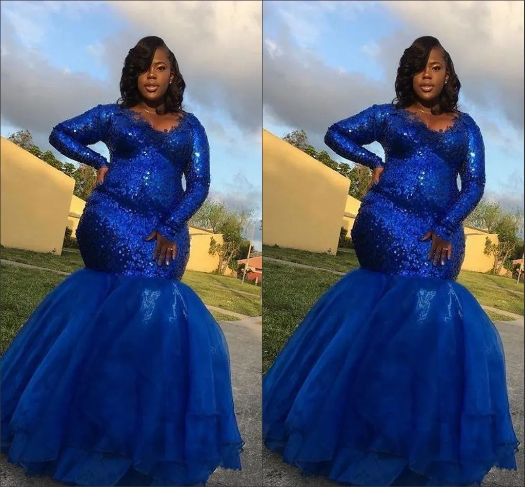 Royal Blue Manga Longa Sereia Plus Size Prom Noite Vestidos Longo 2022 V-Neck Lantejoulas Organza Applique Ocasião Especial Vestido Sul-Africano