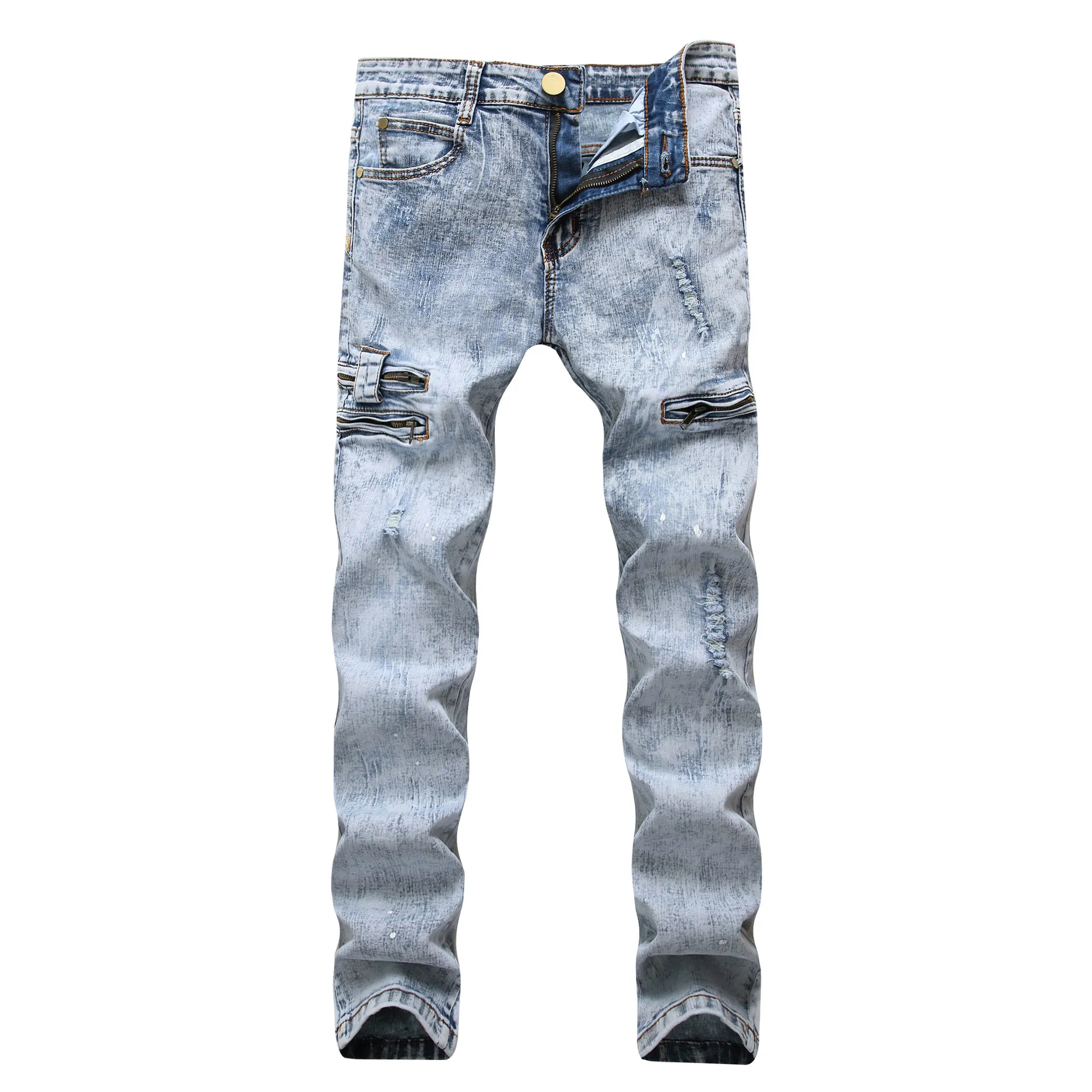 Pencil Jeans Men Denim High Elastic Waist Worn Out Slim Fit Snow Pale Blue Pocket Zipperd Long Pants