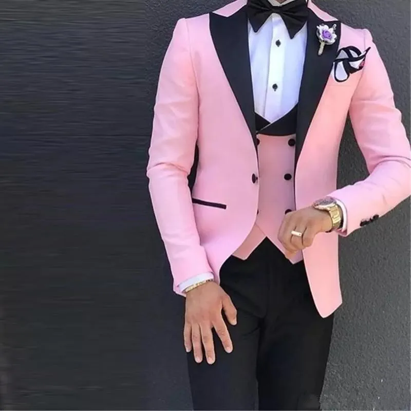 핑크 긴 소매 자켓 신랑 결혼식 턱시도 맞춤형 3piece 남자 정식 파티 정장 재단사가 만든 Groomsmaid 정장 (재킷 + 조끼 + 바지)