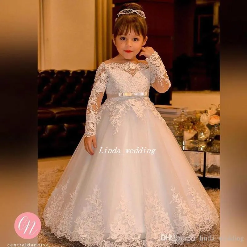 Frete Grátis Vintage Princesa Flower Girl Dresses 2019 Alta Qualidade Barco Pescoço Rendas Mangas Compridas Pretty Kids Primeira Comunhão Santamente Vestido