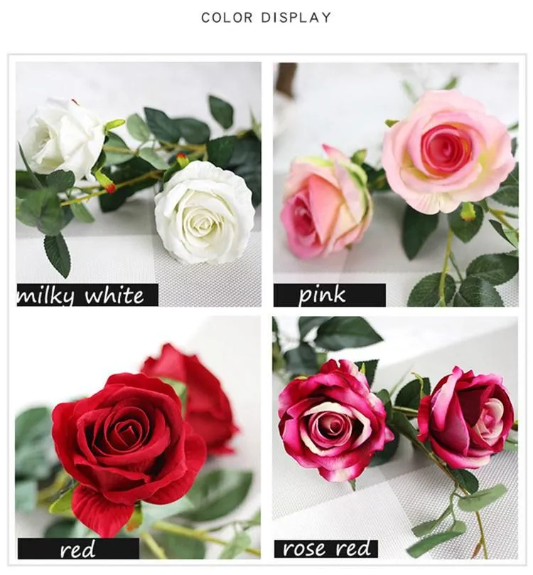 Wholesale 87cm High Simulation 3 Head Long Stem Velvet Rose Artificial