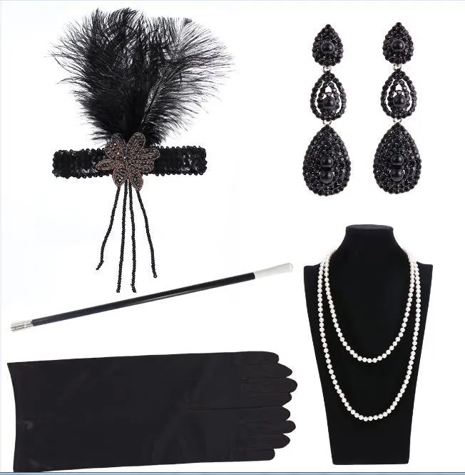 Designer de moda de luxo cristal preto lantejoulas vintage pena de borla mulher headband jóia luvas colar de pérolas partido acessórios
