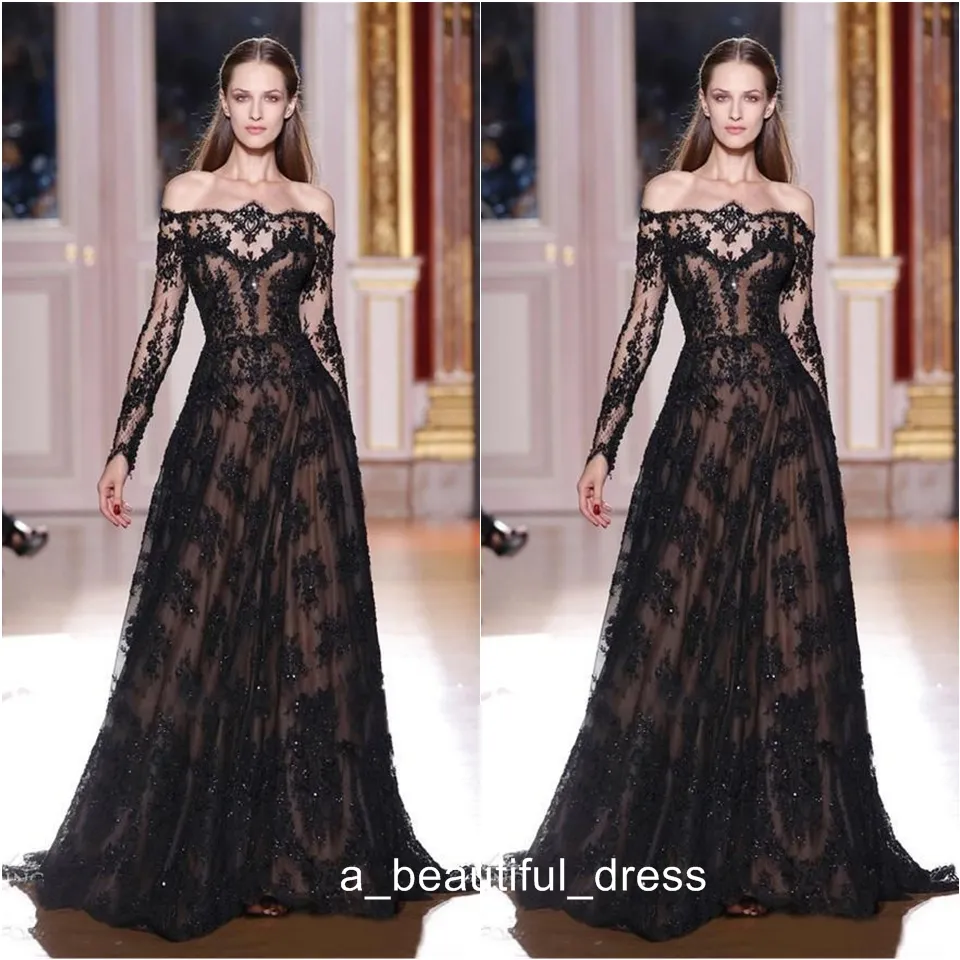 Svart spets Zuhair Murad Evening Klänningar Långärmad Off The Should A Line Evening Party Gowns Vestido de Festa Longo Haute Couture Ed1118